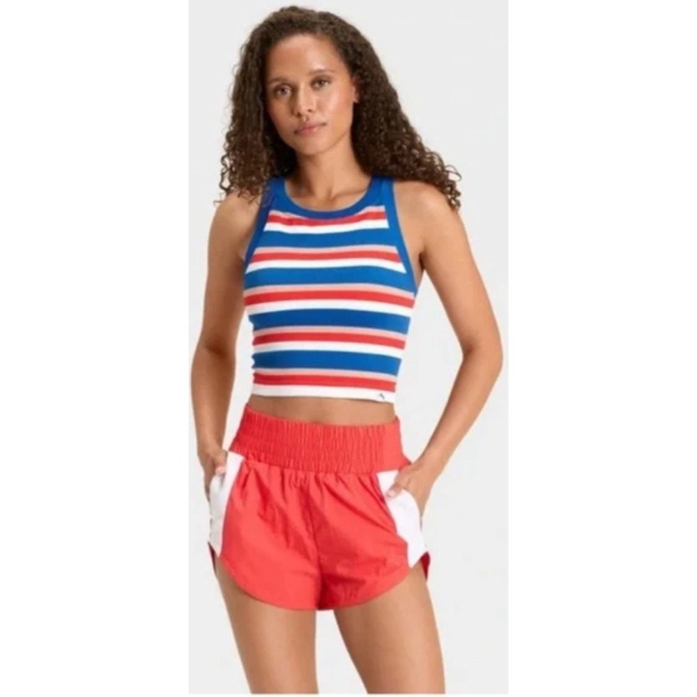 JoyLab Women XXL Blue Red Striped Ribbed Racerback‎ Crop Tank Top High Neck
